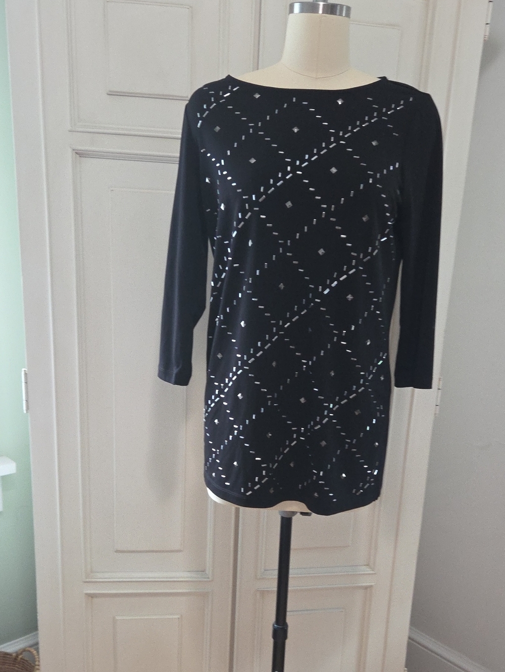 Susan Graver Black 3/4 Sleeve Embellished Tunic Top